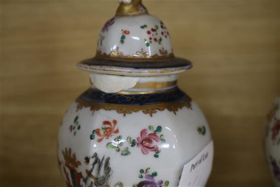 A pair of Chinese famille rose vases, a pair Samson vases and cover, and an Imari vase and cover smallest 15cm, tallest 22cm